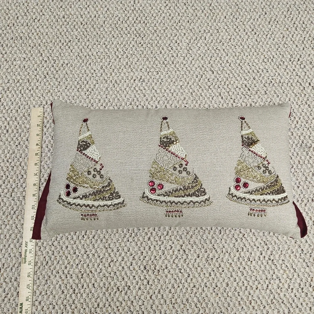 Pier 1 Decorative Throw Pillow Beaded Christmas Tree Tan Burgandy Accent Pillow